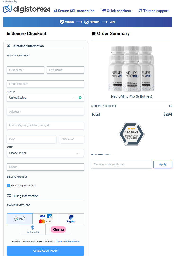 Neuro Mind Pro secure checkout page